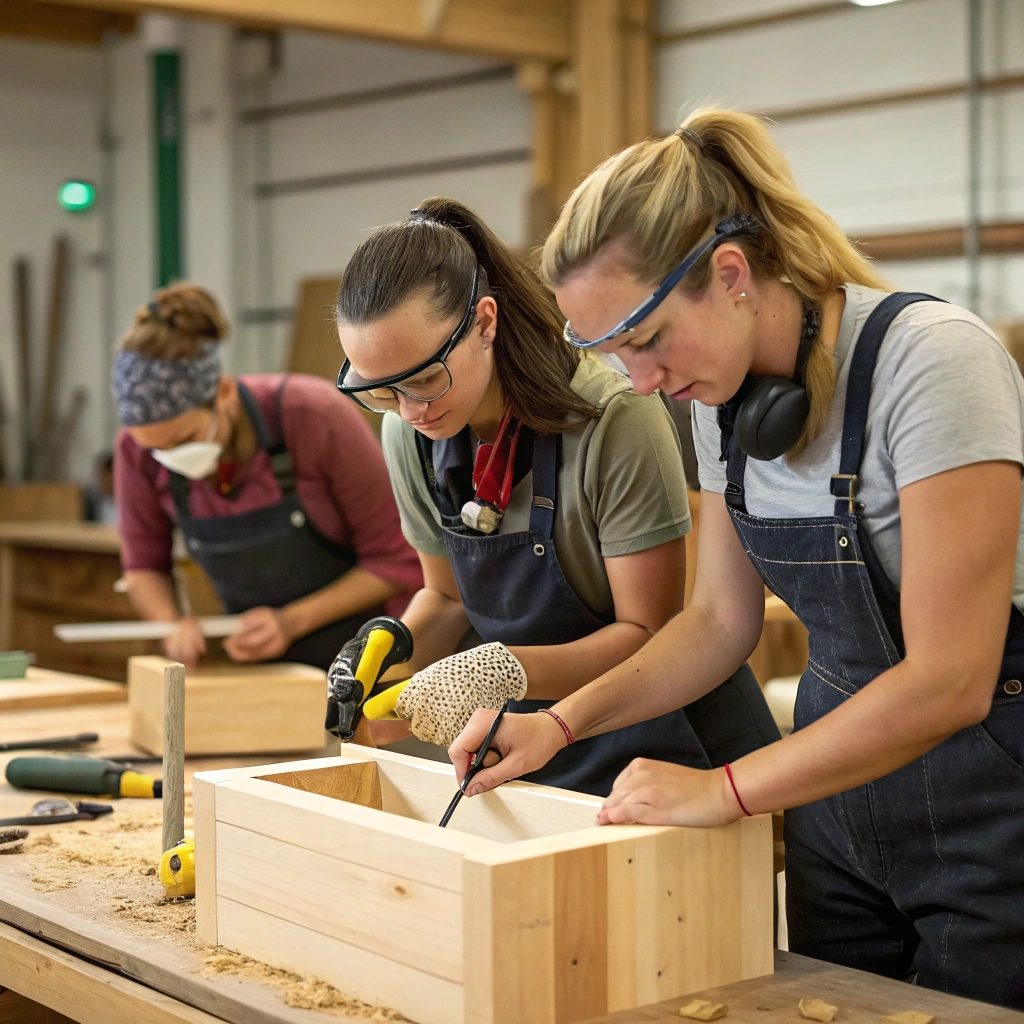 Students building a wooden Flower Box